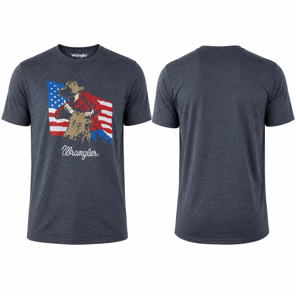 Wrangler Cowboy Riding Bull USA Flag Graphic T-Shirt Men’s XL NWT Gray